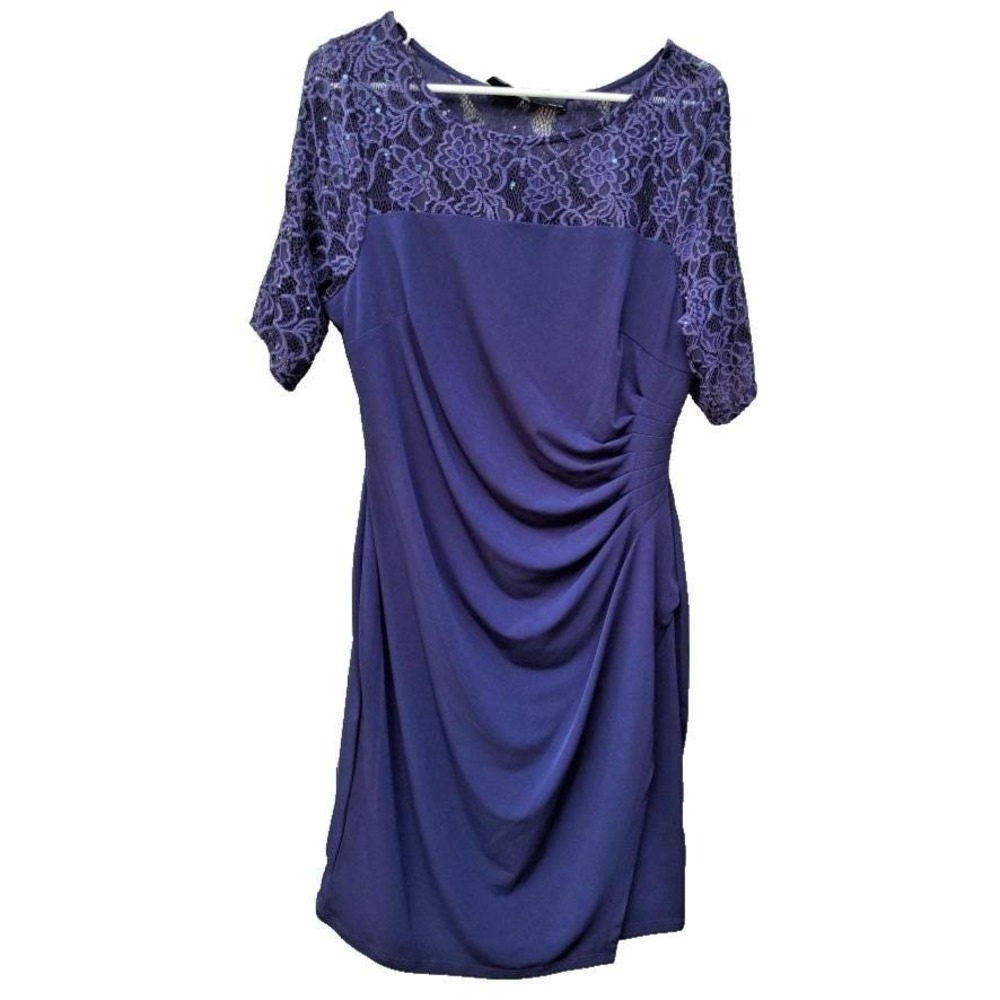 Leslie Fay Navy Blue Sequin Lace Cocktail Dress Ruched Side Knee Length Sz 10